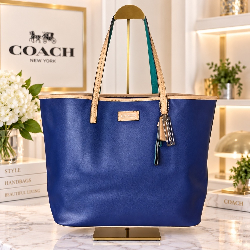 Coach Park Metro Saffiano Leather Tote Bag Colorblock Blue Green Tan F24341